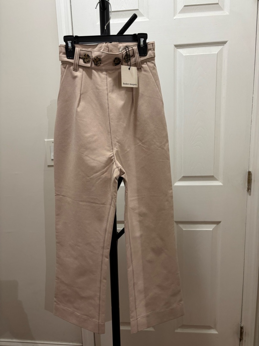 High-Waist Wide-Leg Beige Pants with Decorative Buttons